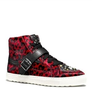 COACH Leather C23 Sneakers Shoes Fairculf Fur with studs leopard animal print